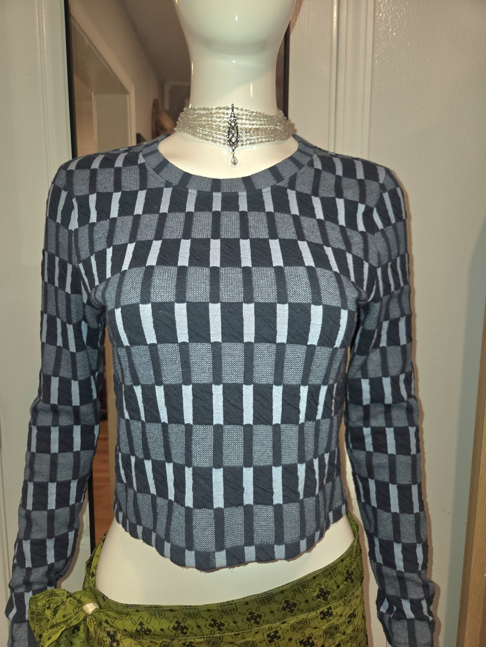 Madewell Beautiful Checkerboard Knit Long Sleeve Top - Blue & Dark Blue Sz M